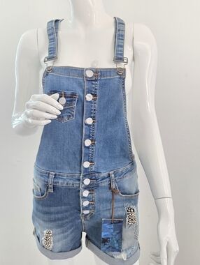 Funky Soul Denim Distressed Studded Jean Short Overalls NWT